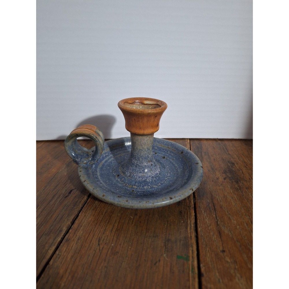 Studio Pottery Chamberstick Candle Holder Blue Speckled Glaze Finger Loop Handle